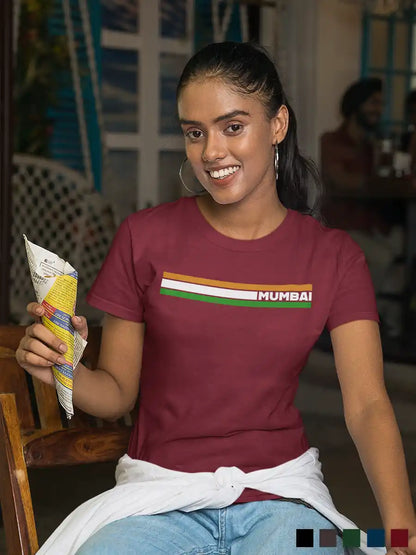 Woman wearing Mumbai Indian Stripes - Women's Maroon Cotton T-Shirt