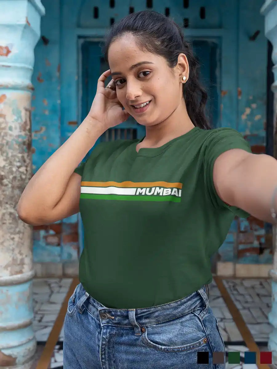 Woman wearing Mumbai Indian Stripes - Women's Olive Green Cotton T-Shirt