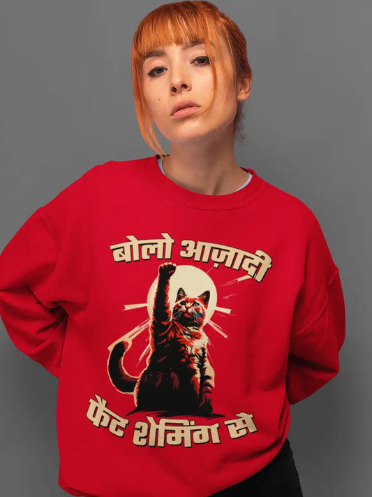 Woman wearing No Fat Shaming Please - Red Cotton Sweatshirt