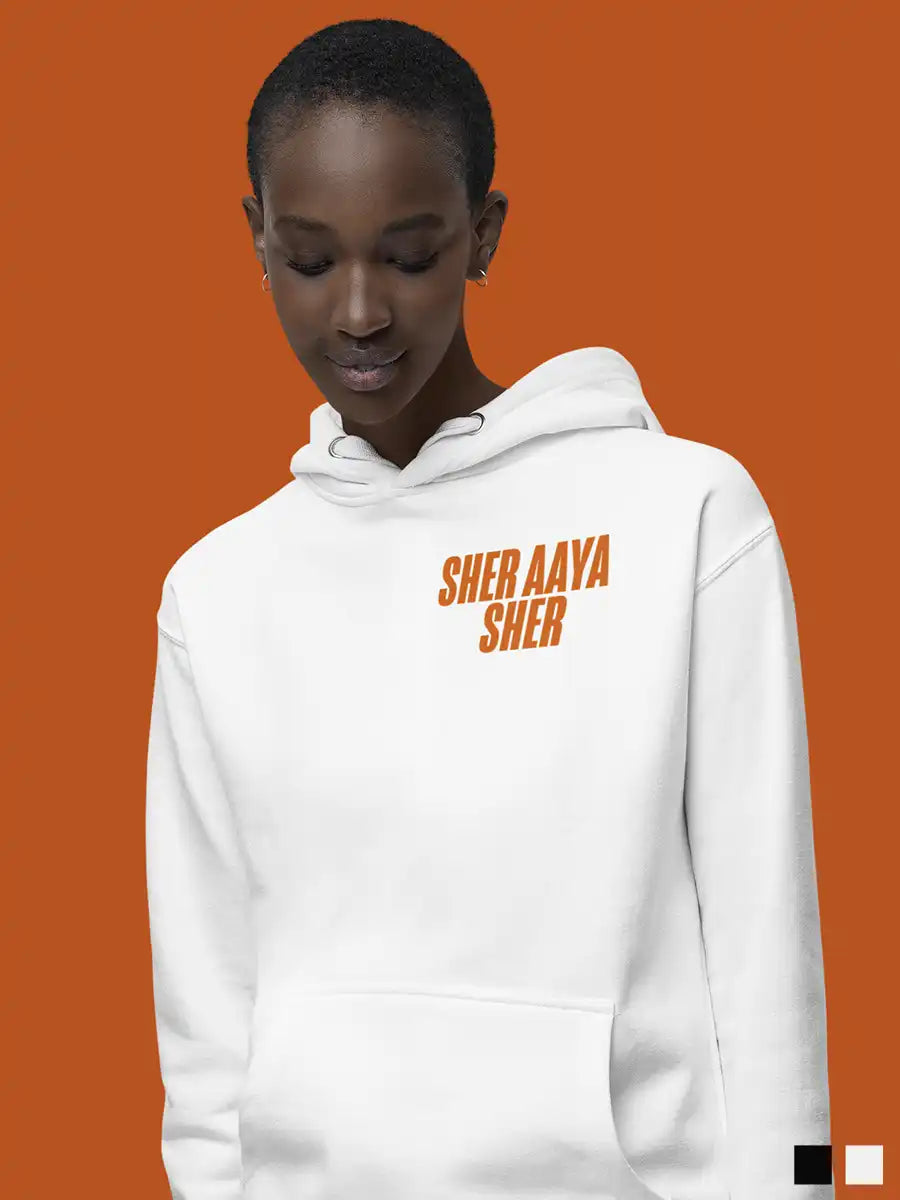 Woman wearing Sher Aaya Sher - White Cotton hoodie