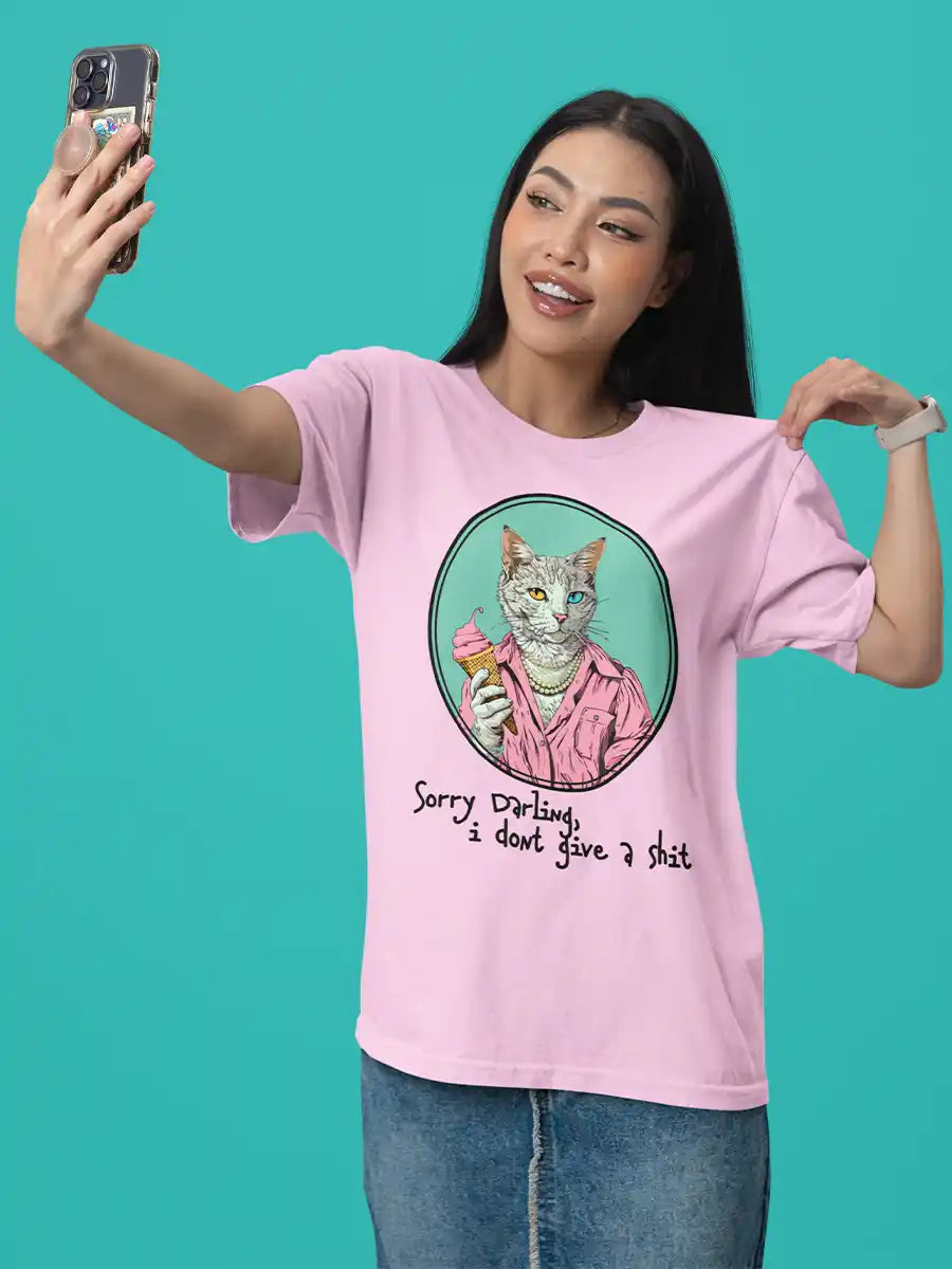 Woman wearing Sorry Darling - Light Pink - Men's Cotton T-Shirt