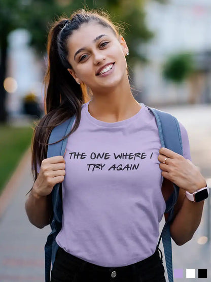Woman wearing The One where i try again - Women's Iris Lavender Cotton T-Shirt