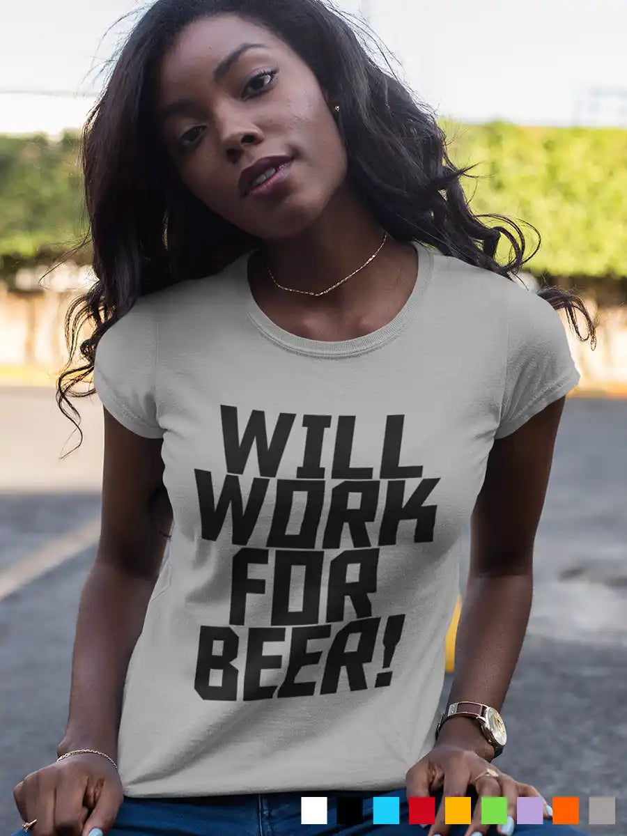 Woman wearing Will work for Beer - Women's Melange Grey cotton T-Shirt