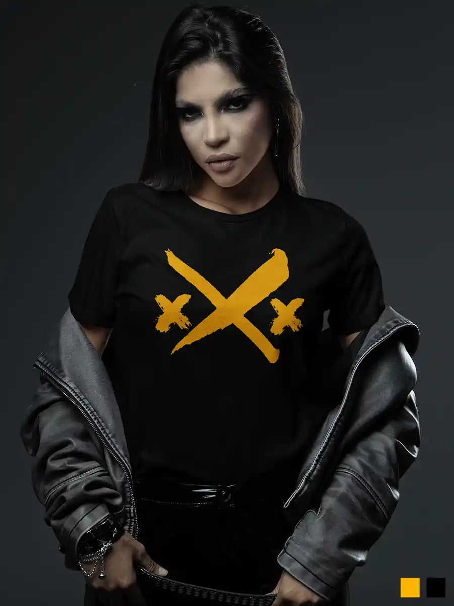 Woman wearing XXX - Women's Black Cotton T-Shirt 1