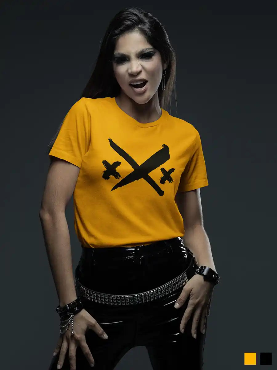 Woman wearing XXX - Women's Golden Yellow Cotton T-Shirt 
