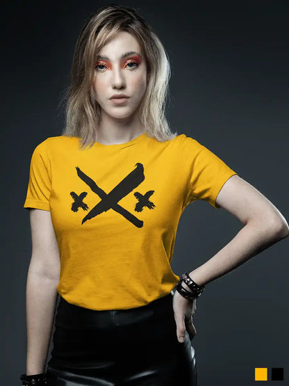 Woman wearing XXX - Women's Golden Yellow Cotton T-Shirt 