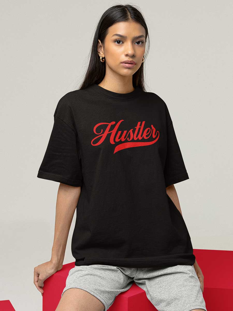 Woman wearing Hustler Black Oversized Cotton T-shirt