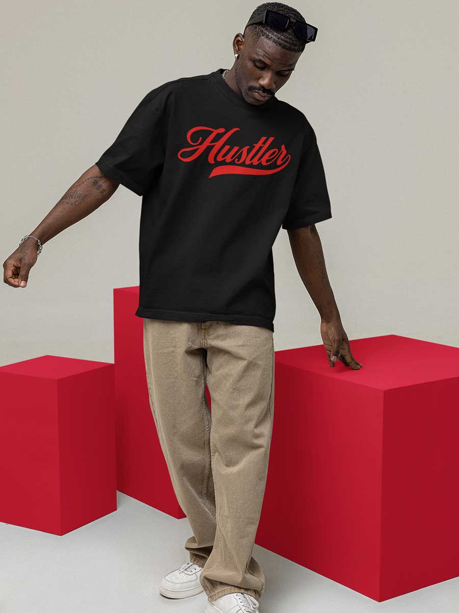Man wearing Hustler Black Oversized Cotton T-shirt
