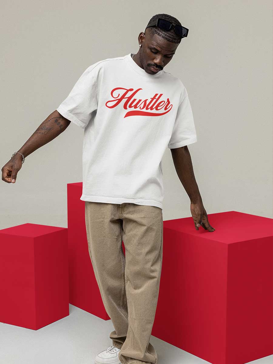 Man wearing Hustler White Oversized Cotton T-Shirt