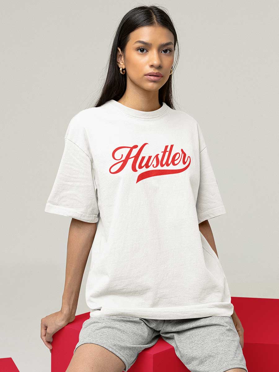 Woman wearing Hustler White Oversized Cotton T-Shirt