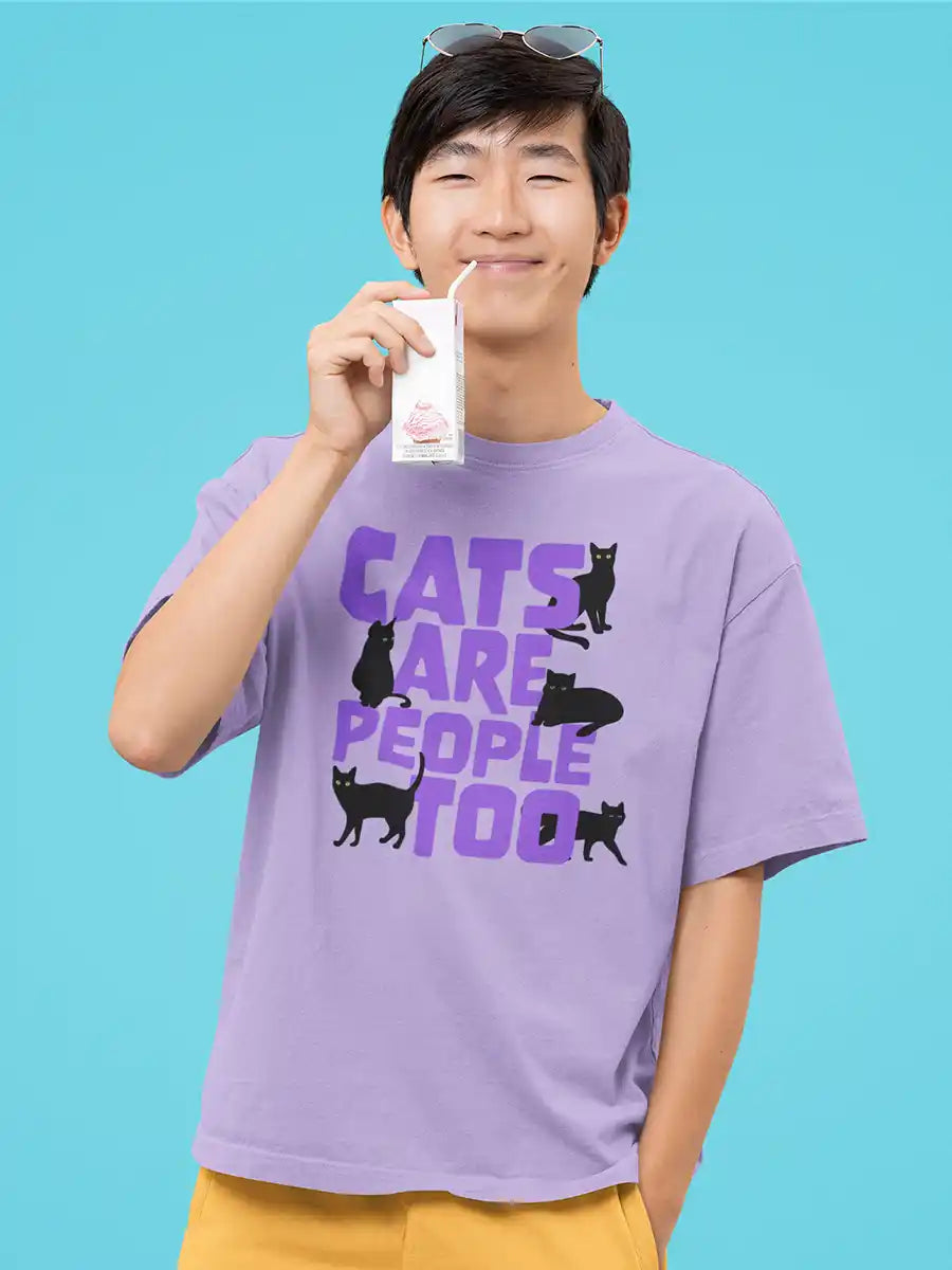 Man wearing Cats are people too - Iris Lavender Oversized Cotton T-Shirt