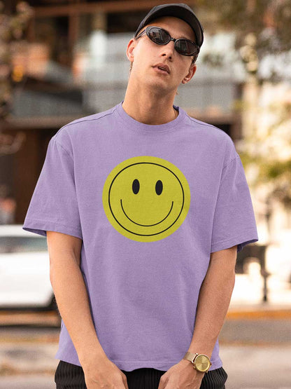 Man wearing Lavender Oversized Cotton Tshirt with a Yellow Smiley