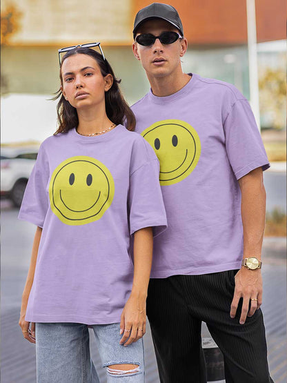 Couple wearing Lavender Oversized Cotton Tshirt with a Yellow Smiley