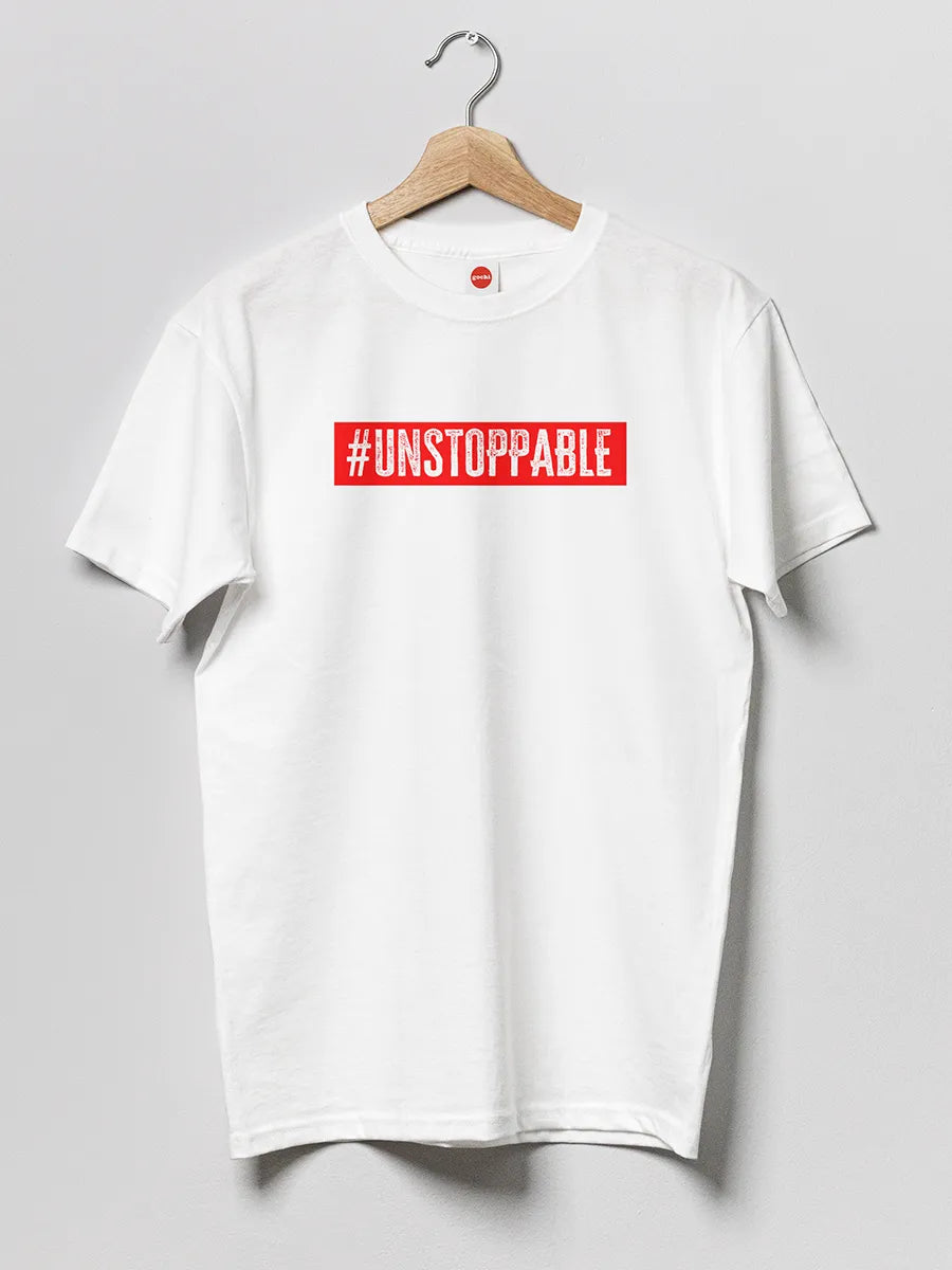 White Men's cotton Tshirt with text "Unstoppable"