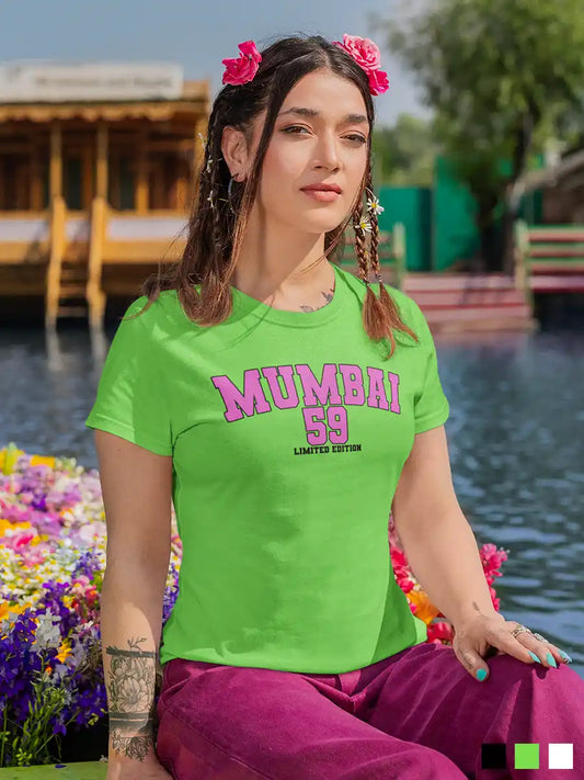 Woman wearing Mumbai 59 - Limited Edition - women's Cotton Liril Green T-Shirt