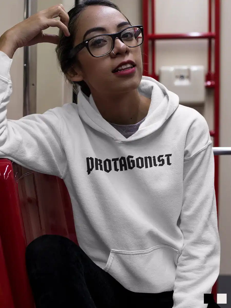 woman wearing Protagonist - White Cotton Hoodie