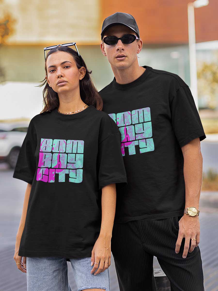 Couple wearing  Black Oversized Cotton Tshirt with Bombay city written on it