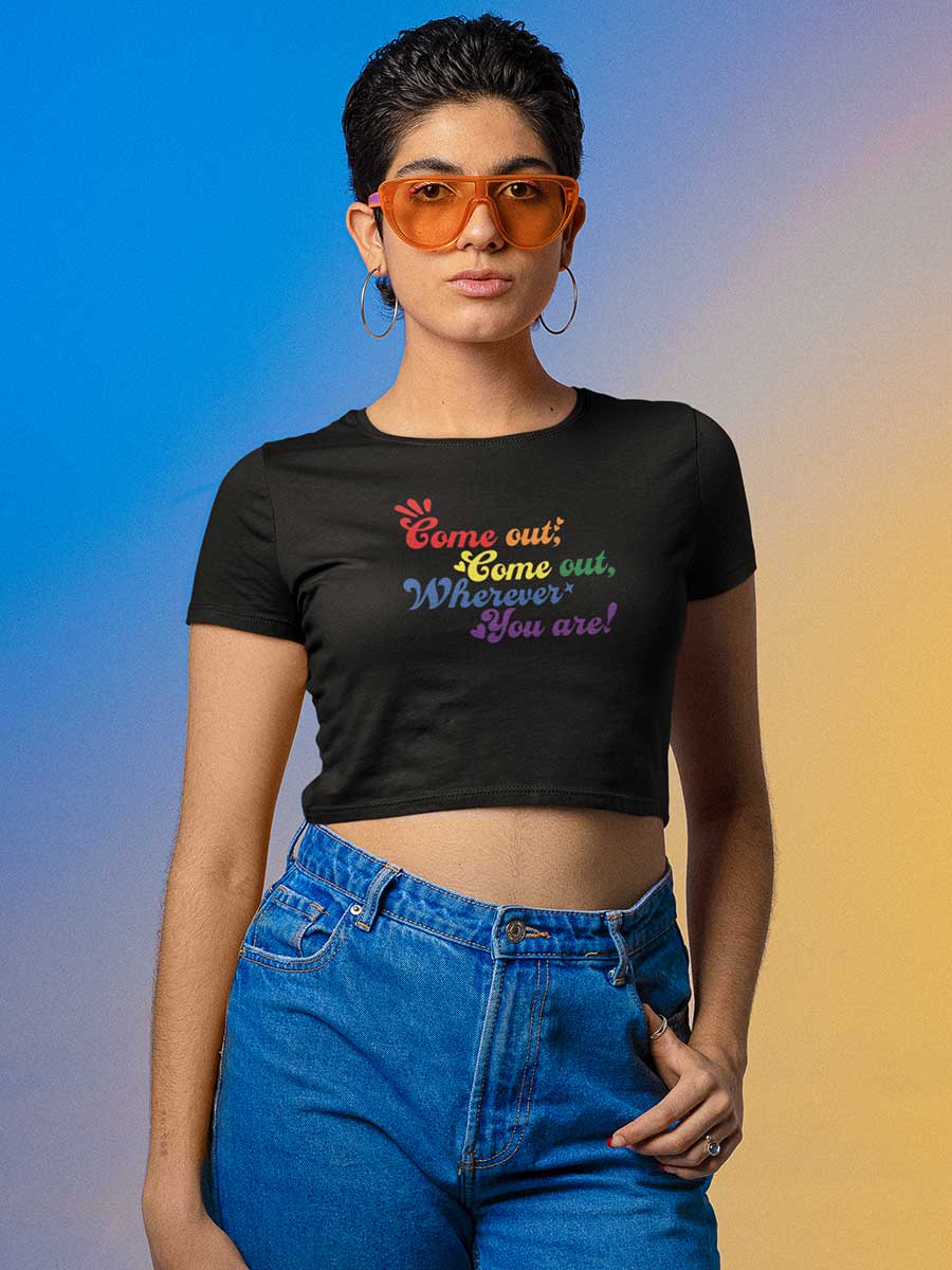 Come Out, Come Out - LGBTQ PRIDE - Black Cotton Crop Top