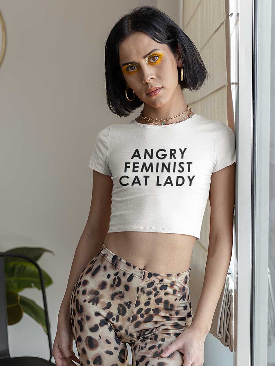 Angry Feminist Cat Lady - White Cotton Crop Top