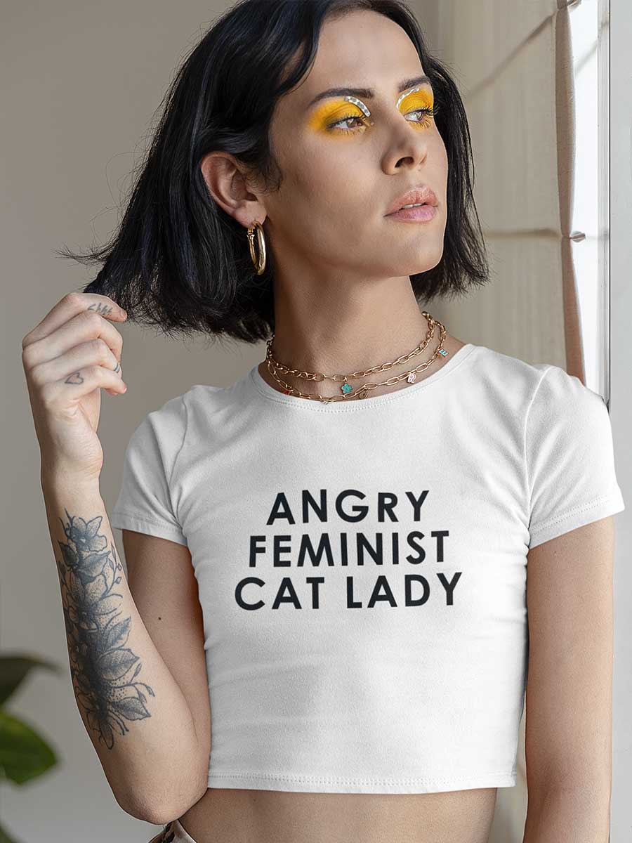Angry Feminist Cat Lady - White Cotton Crop Top