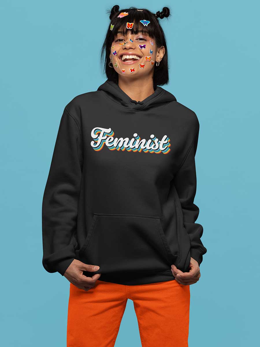 Feminist Retro - Black Cotton Hoodie