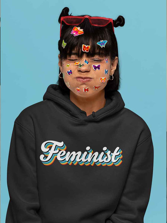 Feminist Retro - Black Cotton Hoodie