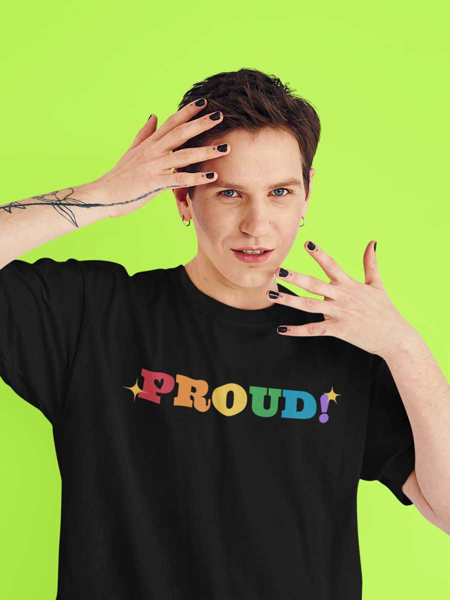 Man wearing Black Oversized Cotton Tshirt with text "Proud" in PRIDE colors